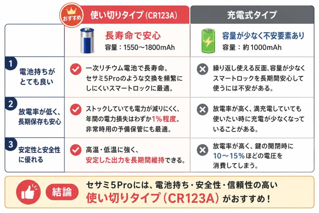 CR123Aの使い切りタイプと充電式はどちらがオススメか比較している図。
結論。オススメは使い切りタイプ