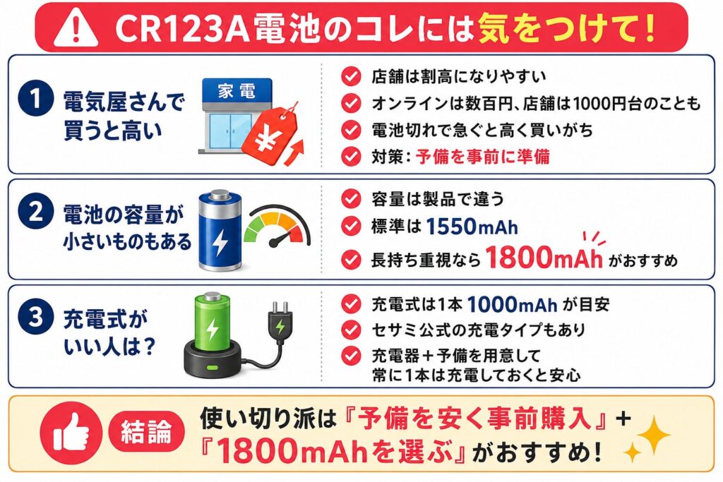 CR123Aのコレには気をつけて!
電気屋さんで買うと割高。電池の容量が小さいものもある。充電式もあるが、容量が小さく、放電率も高いため使い切りタイプがオススメ。
使い切りタイプなら1800mAhがオススメ!